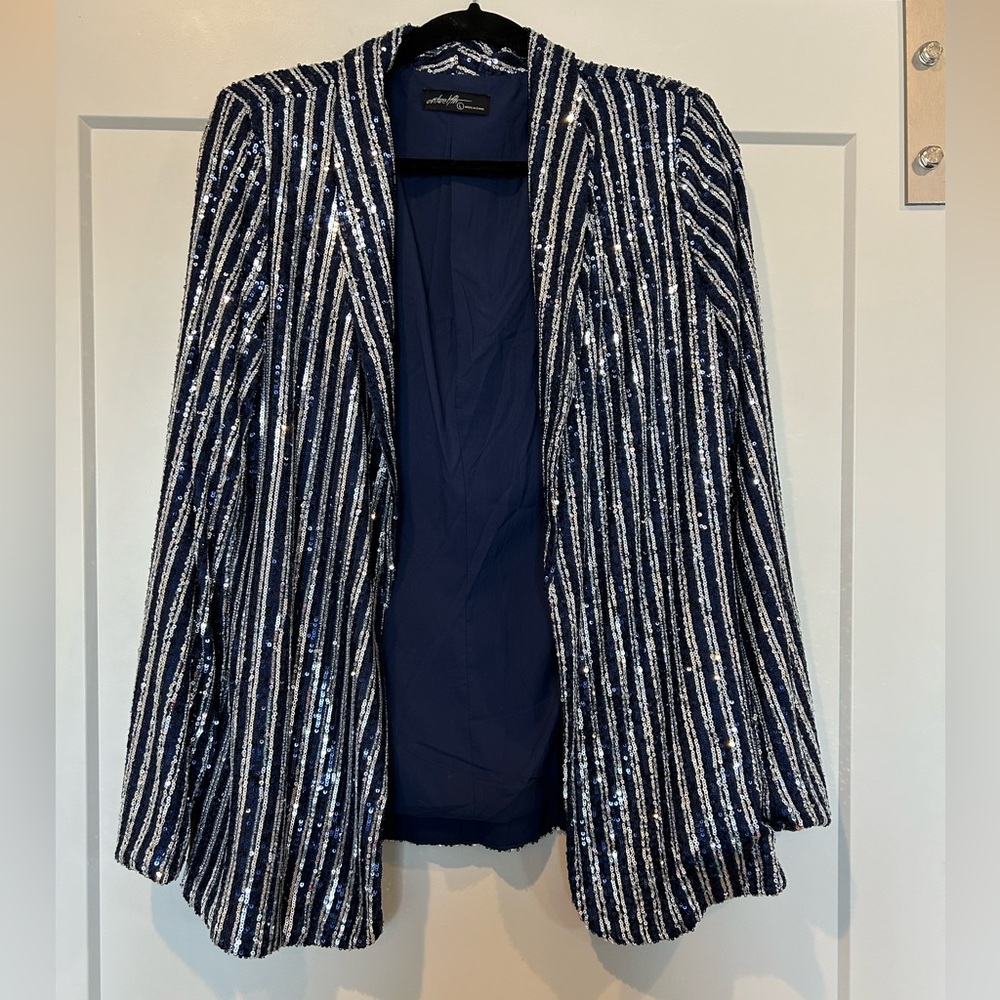 Vici Navy and Silver Sequin Striped Blazer